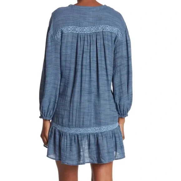 Free People Drawstring Waist Deep V-neck Long Boho Cottagecore XS Swing Dress - Picture 2 of 7